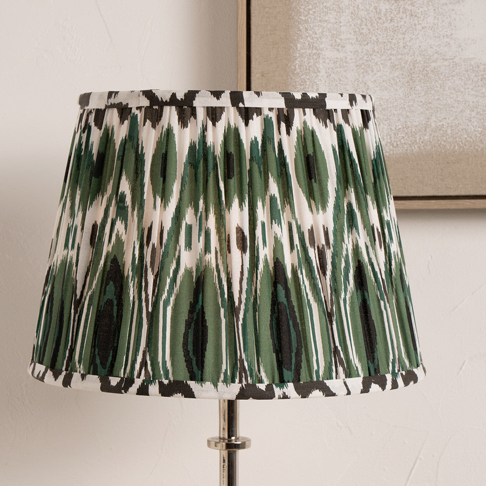 Izara 45cm Racing Green Ikat Patterned Mushroom Pleat Tapered Lampshade – Bold Pattern and Timeless Craftsmanship