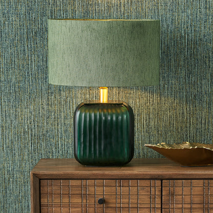 Stellan 35cm Green Silk Mix Lampshade | Gold Lined Cylinder Light Shade