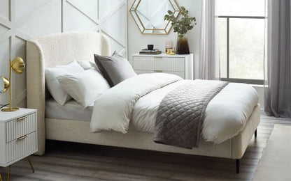Shop the luxurious Eden Boucle King Size Bed in Ivory with its curved headboard. FREE UK MAINLAND DELIVERY. Shop online now at www.nobleandnook.co.uk