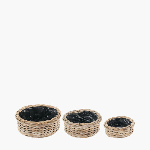 Tobs Set of 3 Grey Kubu Rattan Round Basket Planters – Indoor & Outdoor Decorative Storage
