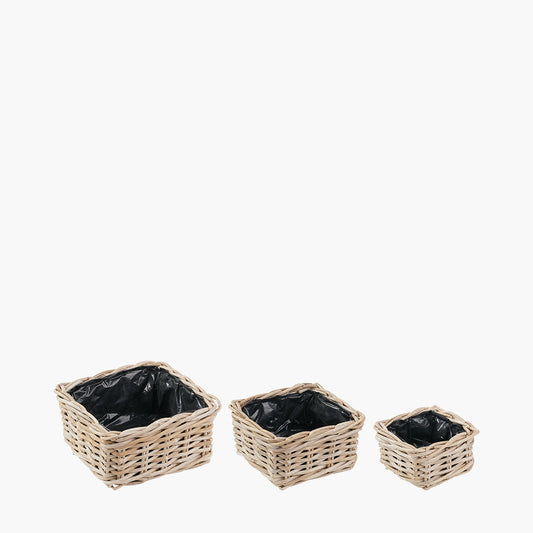 Tobs Set of 3 Indoor Outdoor Grey Kubu Rattan Square Basket Planters
