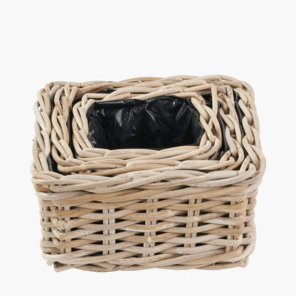 Tobs Set of 3 Indoor Outdoor Grey Kubu Rattan Square Basket Planters