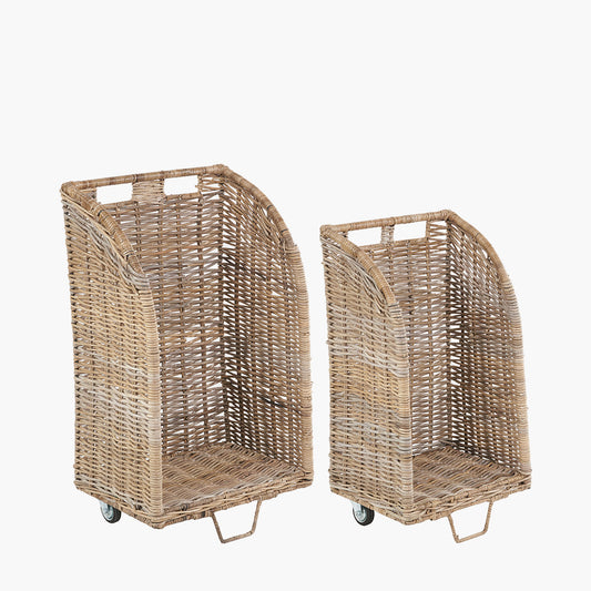 Tobs Set of 2 Grey Kubu Rattan Log Basket Trolleys – Stylish Wheeled Log Storage for Indoors or Outdoors