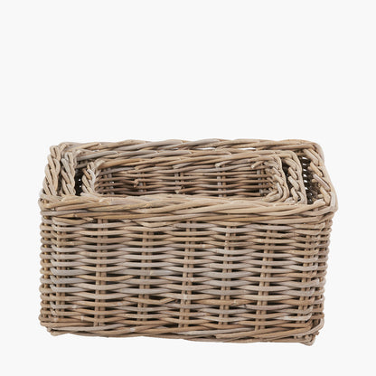 Tobs Set of 3 Grey Kubu Rattan Rectangular Storage Baskets with Inset Handles
