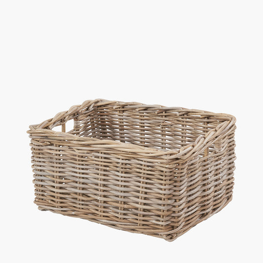 Tobs Set of 3 Grey Kubu Rattan Rectangular Storage Baskets with Inset Handles