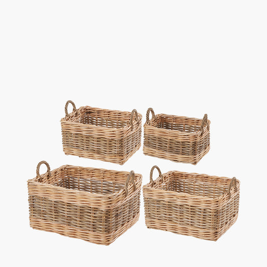 Set of 4 Grey and White Kubu Rattan Rectangular Storage Baskets – Stylish and Functional Handwoven Home Organisation