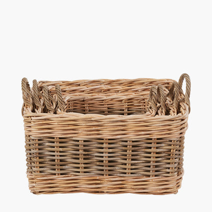 Set of 4 Grey and White Kubu Rattan Rectangular Storage Baskets – Stylish and Functional Handwoven Home Organisation
