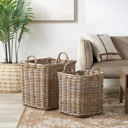 Tobs Set of 2 Grey Rattan Square Log Baskets