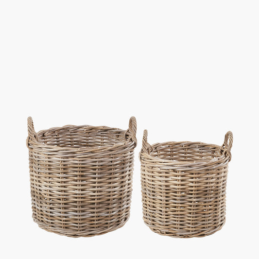 Tobs Set of 2 Grey Rattan Round Log Baskets