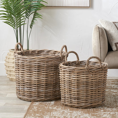 Tobs Set of 2 Grey Rattan Round Log Baskets