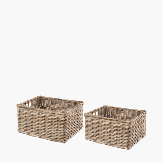 Tobs Set of 2 Grey Kubu Rattan Rectangular Storage Baskets with Inset Handles