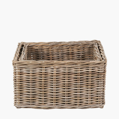 Tobs Set of 2 Grey Kubu Rattan Rectangular Storage Baskets with Inset Handles