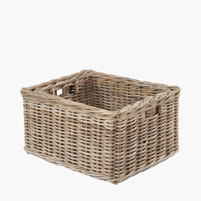 Tobs Set of 2 Grey Kubu Rattan Rectangular Storage Baskets with Inset Handles