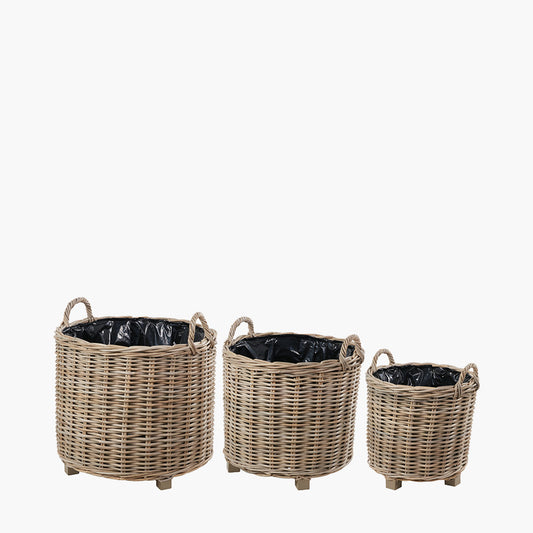 Tobs Set of 3 Indoor / Outdoor Grey Kubu Rattan Round Basket Planters with Handles