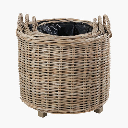 Tobs Set of 3 Indoor / Outdoor Grey Kubu Rattan Round Basket Planters with Handles