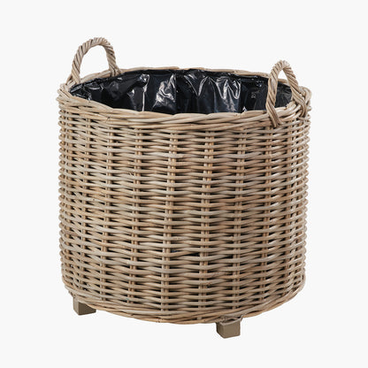 Tobs Set of 3 Indoor / Outdoor Grey Kubu Rattan Round Basket Planters with Handles
