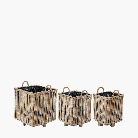 Tobs Set of 3 Indoor / Outdoor Grey Kubu Rattan Square Basket Planters with Handles