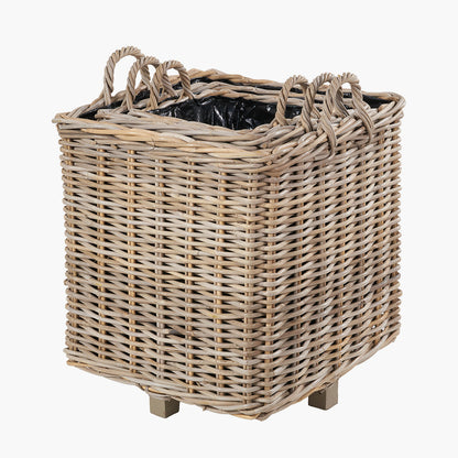 Tobs Set of 3 Indoor / Outdoor Grey Kubu Rattan Square Basket Planters with Handles