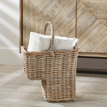 Grey Kubu Stair Storage Basket – Handwoven Rattan Home Organiser with Handle