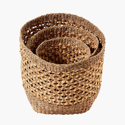 Set of 3 Seagrass and Water Hyacinth Natural Tall Round Baskets – Handwoven Rustic Storage for Every Room