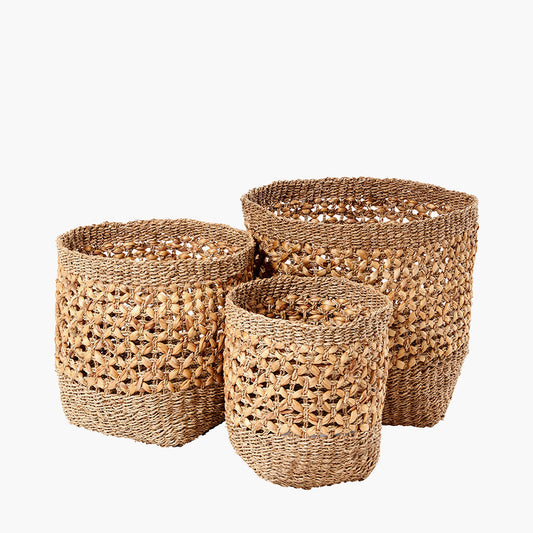 Set of 3 Seagrass and Water Hyacinth Natural Tall Round Baskets – Handwoven Rustic Storage for Every Room