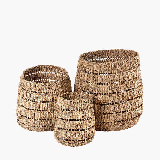 Set of 3 Seagrass Natural Round Baskets – Handwoven Rustic Storage for Stylish Homes