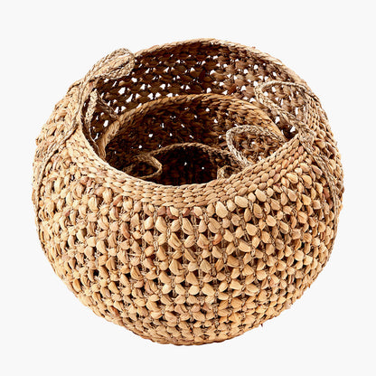 Set of 3 Water Hyacinth Round Handled Baskets – Natural Woven Storage for Stylish UK Interiors