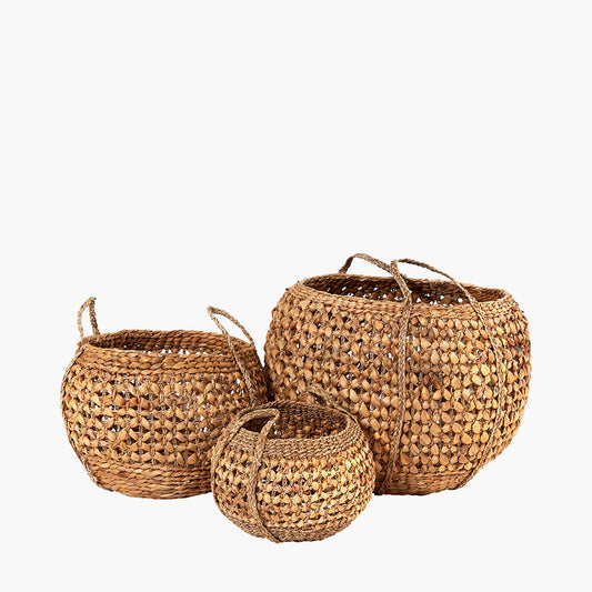 Set of 3 Water Hyacinth Round Handled Baskets – Natural Woven Storage for Stylish UK Interiors