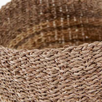 Set of 3 Two-Tone Seagrass and Palm Leaf Natural Round Baskets – Handwoven Rustic Storage for Every Home