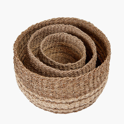 Set of 3 Two-Tone Seagrass and Palm Leaf Natural Round Baskets – Handwoven Rustic Storage for Every Home