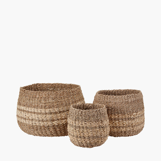 Set of 3 Two-Tone Seagrass and Palm Leaf Natural Round Baskets – Handwoven Rustic Storage for Every Home