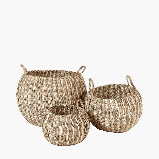 Set of 3 Seagrass and Palm Leaf Natural Striped Round Baskets – Handwoven Natural Storage with Style