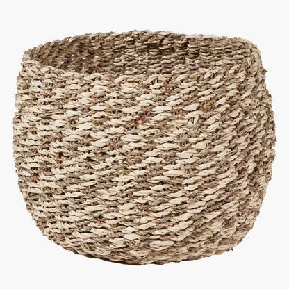 Set of 3 Seagrass and Palm Leaf 2-Tone Natural Plaited Round Baskets – Rustic Coastal Style for Modern Living