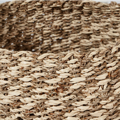Set of 3 Seagrass and Palm Leaf 2-Tone Natural Plaited Round Baskets – Rustic Coastal Style for Modern Living