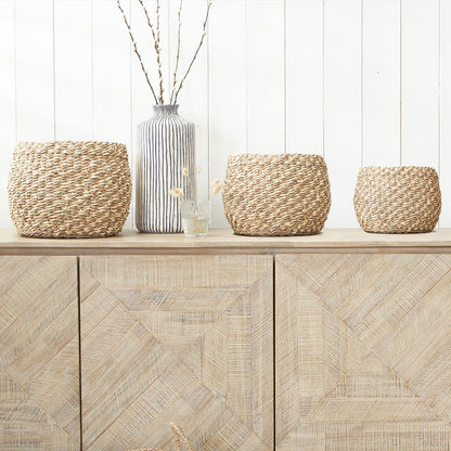 Set of 3 Seagrass and Palm Leaf 2-Tone Natural Plaited Round Baskets – Rustic Coastal Style for Modern Living