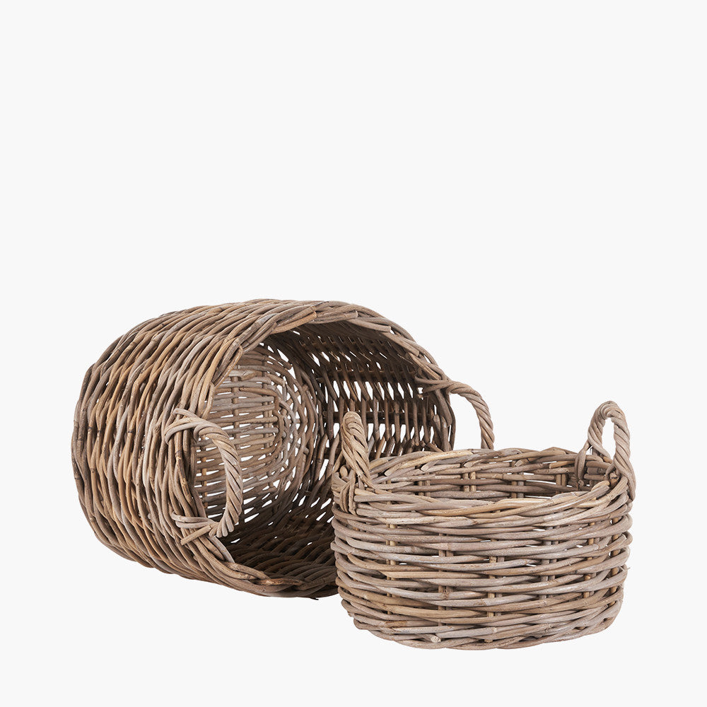 Set of 2 Grey Kubu Oval Baskets | Hand-Crafted Rattan Storage Baskets