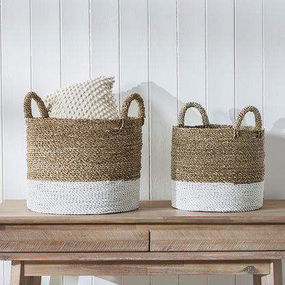 Set of 2 Banana Leaf Two Tone Natural and White Baskets – Handwoven Scandi Storage for Modern UK Homes