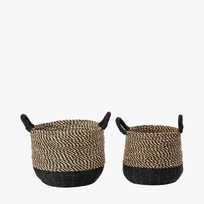 Set of Two Seagrass Natural & Black Round Handled Baskets