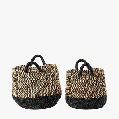 Set of Two Seagrass Natural & Black Round Handled Baskets