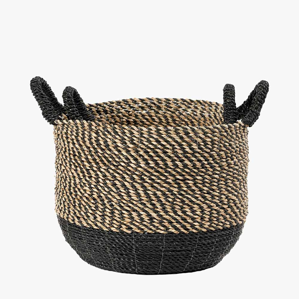 Set of Two Seagrass Natural & Black Round Handled Baskets