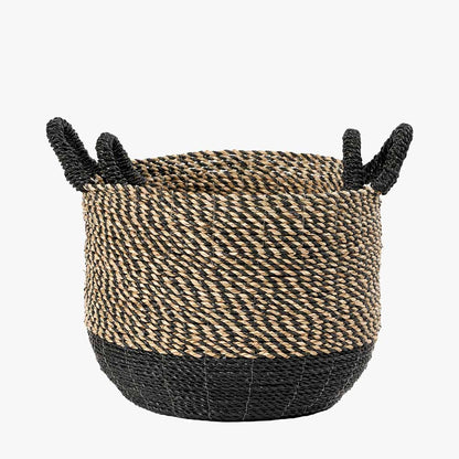 Set of Two Seagrass Natural & Black Round Handled Baskets