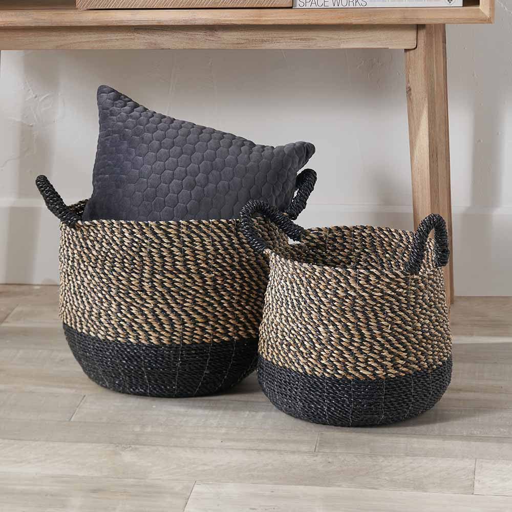 Set of Two Seagrass Natural & Black Round Handled Baskets
