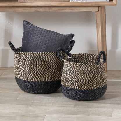Set of Two Seagrass Natural & Black Round Handled Baskets