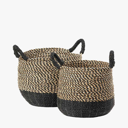 Set of Two Seagrass Natural & Black Round Handled Baskets