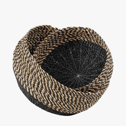 Set of 2 Seagrass Natural and Black Round Baskets – Handwoven Rustic Elegance