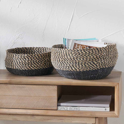 Set of 2 Seagrass Natural and Black Round Baskets – Handwoven Rustic Elegance