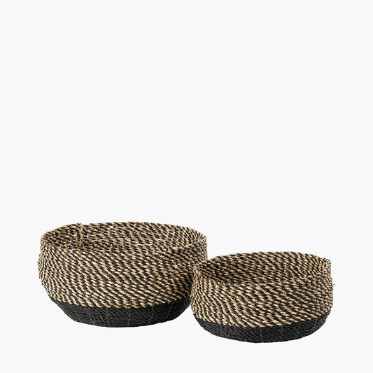 Set of 2 Seagrass Natural and Black Round Baskets – Handwoven Rustic Elegance