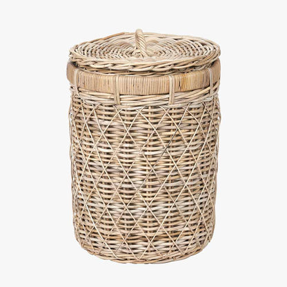Brown Rattan Round Linen Laundry Basket with Lid – Handwoven Storage