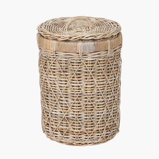 Brown Rattan Round Linen Laundry Basket with Lid – Handwoven Storage