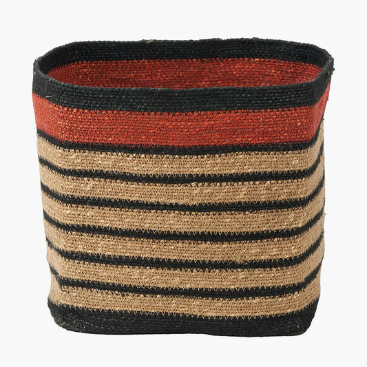 Black and Terracotta Natural Seagrass Striped Square Basket – W30xD30xH30cm
